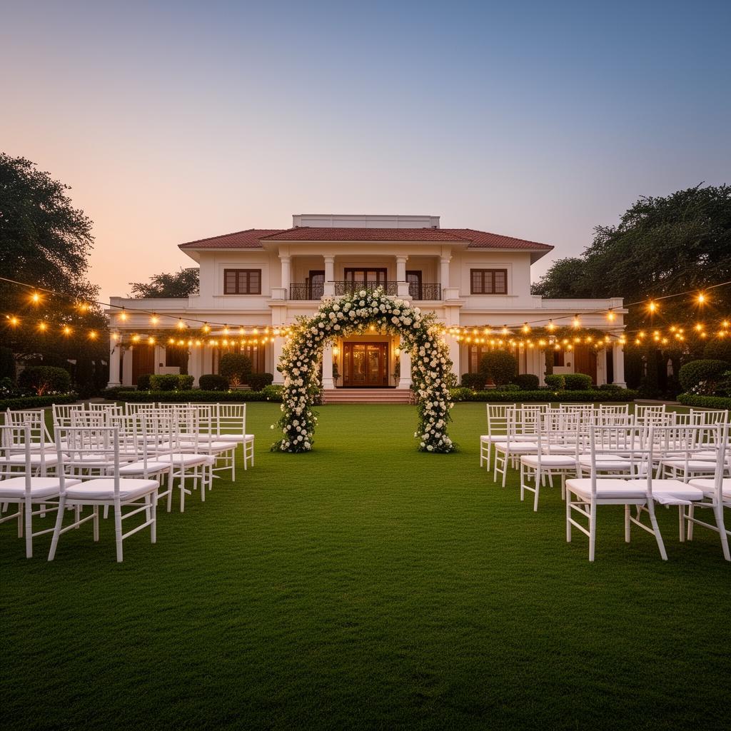 Farmhouse lawn at sunset